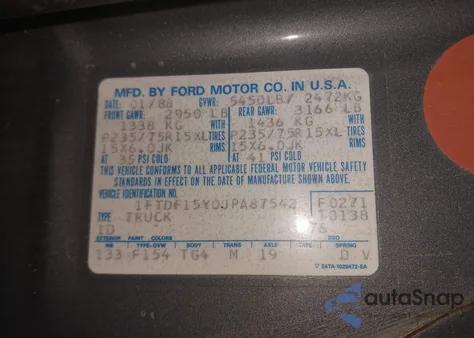 1988 Ford F150 from USA, damaged, VIN 1FTDF15Y0JPA87542